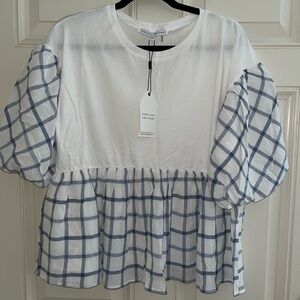 English Factory White and Blue Plaid Blouse